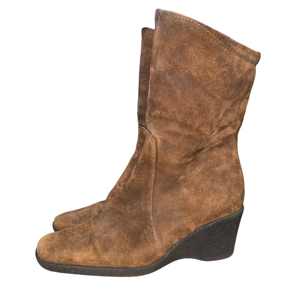 Aquatalia Wedge Boots Women's Size 6.5 Brown Suede Side Zip Mid Calf Square Toe